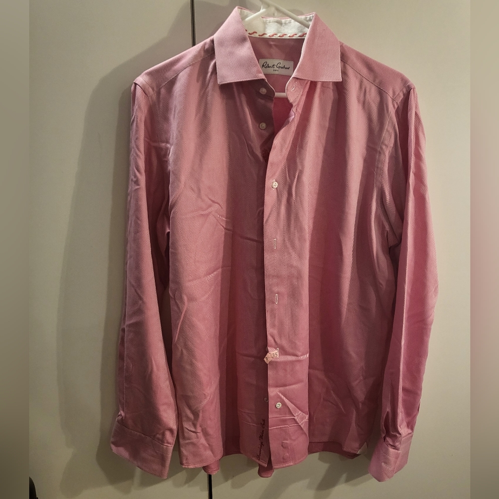 Robert Graham Mens Size 39 15.5 Pink Priny Button Down Cotton Shirt